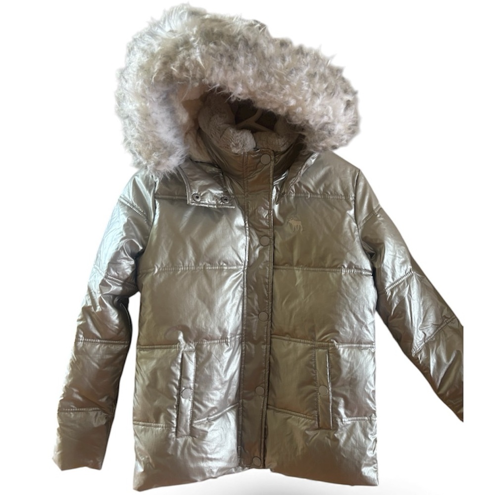 Abercrombie Kids Silver Puffer Jacket with Faux Fur Hood Size 13/14 EUC
